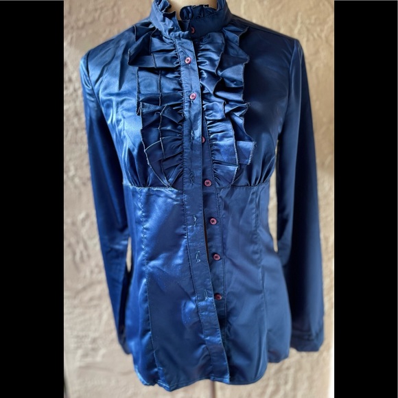 WOMAN BLUE BLOUSE LONG SLEEVES RUFFLED NECKLINE HIGH NECK BUTTONS SIZE M - Picture 15 of 16